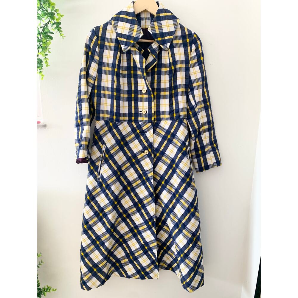 Vintage Jill Jr Union Made 1970s Trench Coat Yellow Blue Woven Union USA made